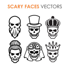Collection of black and white outline skulls with multiply characters and designs  