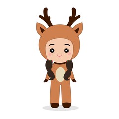 Cute Girl Wear reindeer Costume. Merry Christmas And Happy New Year