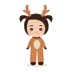 Cute Girl Wear reindeer Costume. Merry Christmas And Happy New Year