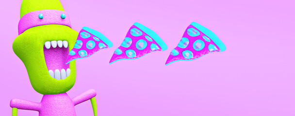 Minimalistic stylized collage banner art. 3d render scene funny hungry character and pizza. Fast food concept