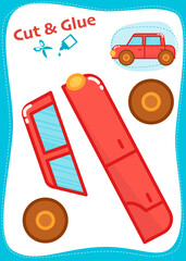 Cut and Glue Worksheet. Education paper game. Red car