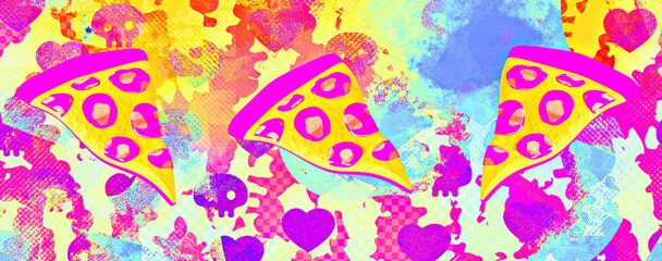 Minimalistic stylized collage banner art. 3d render pizza in colorfull space. Fast food concept