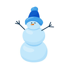Cute Snowman in hat and carrot isolated on white. Childish vector cartoon illustration.