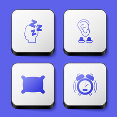 Set Dreams, Earplugs and ear, Pillow and Alarm clock icon. White square button. Vector