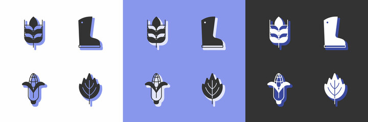 Set Leaf, Wheat, Corn and Waterproof rubber boot icon. Vector