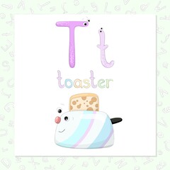 The capital and lowercase letters Tt in the form of cute characters. The word, starting with t, and funny image, which looks like a kind character. Sweet home series for the development of imagination