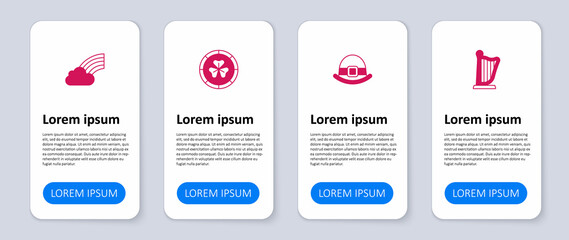 Set Harp, Leprechaun hat, Golden leprechaun coin and Rainbow with cloud. Business infographic template. Vector