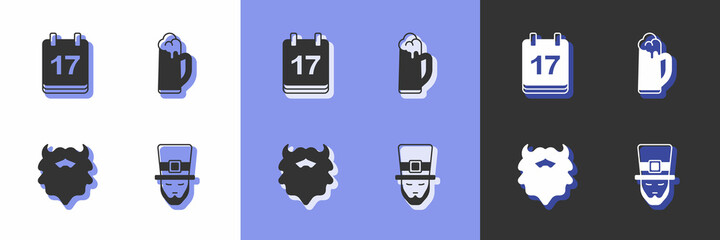 Set Leprechaun, Saint Patricks day with calendar, Mustache and beard and Glass of beer icon. Vector