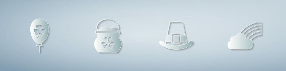 Set Balloon with clover trefoil leaf, Pot of gold coins, Leprechaun hat and Rainbow cloud. Paper art style. Vector