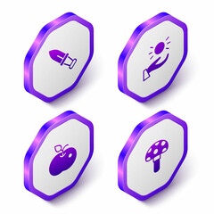 Set Isometric Dagger, Ball levitating above hand, Poison apple and Psilocybin mushroom icon. Purple hexagon button. Vector