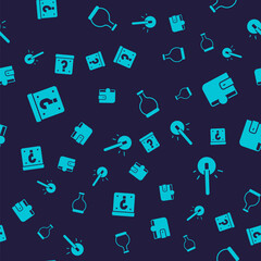 Set Mystery box, Wallet, Bottle with potion and Magic wand on seamless pattern. Vector