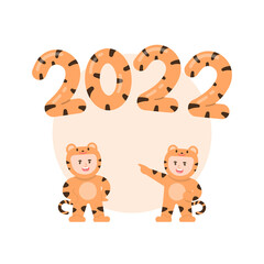 illustration of children wearing tiger costumes celebrating new year's eve, from 2021 to 2022. partying, dancing, having fun with friends. happy Chinese New Year. flat cartoon style. vector design