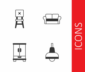 Set Lamp hanging, Chair, Wardrobe and Sofa icon. Vector