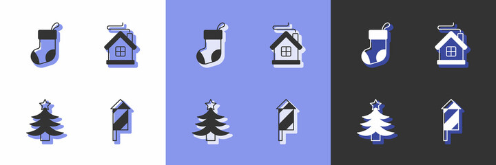 Set Firework rocket, Christmas stocking, tree and Merry house icon. Vector