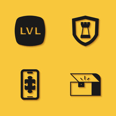 Set Level game, Chest for, Mobile gaming and Chess shield icon with long shadow. Vector