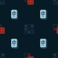 Set Game dice, Bingo card and Mahjong pieces on seamless pattern. Vector