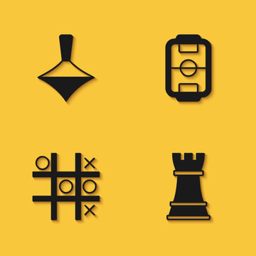 Set Whirligig Toy, Chess, Tic Tac Toe Game And Table Football Icon With Long Shadow. Vector