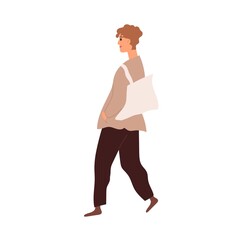 Fototapeta premium Modern man walking with tote bag. Young person going in casual clothes outdoors. Male strolling in trendy outfit with hands in pockets of jacket. Flat vector illustration isolated on white background