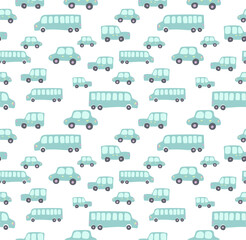 Cute kids vector seamless pattern with hand drawn cars, buses. Various transport for printing on textiles and paper. Illustration for boys about travel and traffic on the roads in the city