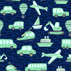 Cute kids vector seamless pattern with hand drawn airplanes, helicopters, cars, buses, ships. Various transport for printing on textiles and paper. Illustration for boys about travel and movement