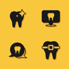 Set Tooth whitening, Teeth with braces, and Dental clinic location icon with long shadow. Vector