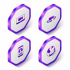 Set Isometric Video chat conference, 360 degree view, and icon. Purple hexagon button. Vector
