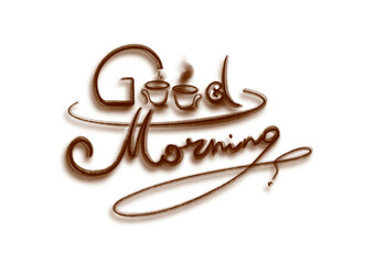 Good morning hand drawn caligraphic phrase isolated on white background.  Motivational post. Good morning with two cups of coffee and dessert. Text with a good morning message