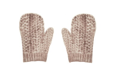 Violet knitted mittens, hand-drawn watercolor illustration isolated on a white background. Clothing and accessories for a winter walk.