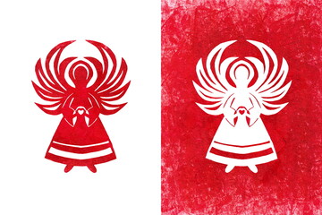 An angel who holds a heart in his hands. White and red. Imitation of a vytynanka. Hand-drawn acrylic illustration. A ready-to-use Christmas card.