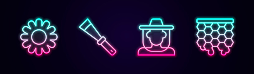 Set line Flower, Beekeeping knife, Beekeeper with protect hat and Honeycomb. Glowing neon icon. Vector