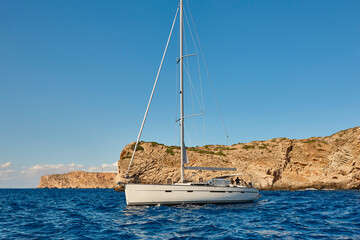 Sailing in mediterranean sea. Mallorca archipelago. Cabrera island. Spain