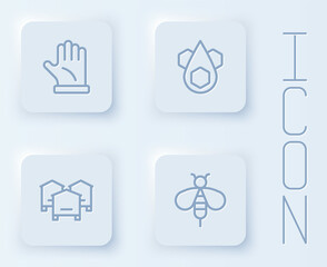 Set line Beekeeper glove, Honeycomb, Hive for bees and . White square button. Vector