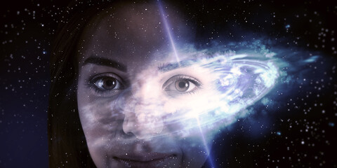 Portrait of attractive young european woman portrait on space background. Universe and meditation...