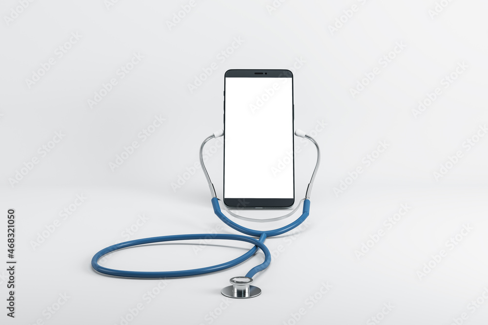 Poster close up of abstract empty cellphone screen with stethoscope on light background with mock up place.