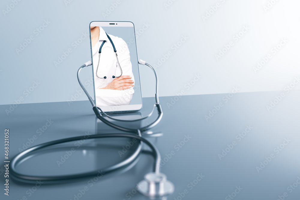 Aufkleber Close up of empty cell phone screen with stethoscope on light background with mock up place. Online medicine, ask a doctor concept. 3D Rendering.