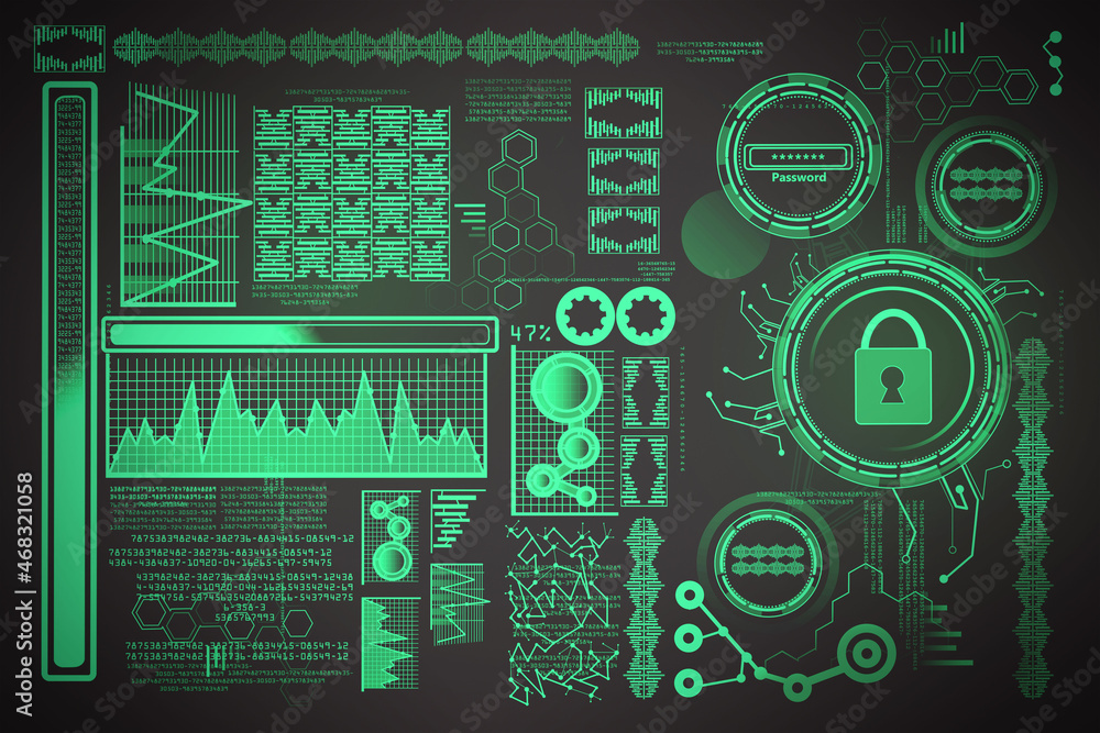 Poster abstract green digital business interface on dark background. communication, hud, science and future