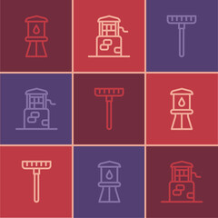 Set line Water tower, Garden rake and Well icon. Vector
