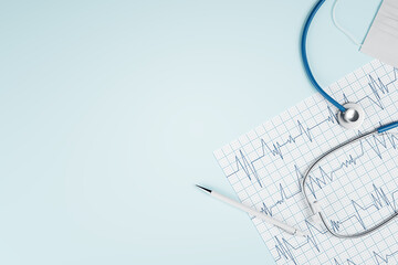 Top view of blue desktop with stethoscope, cardiogram pen and mock up place. Doctor's office,...