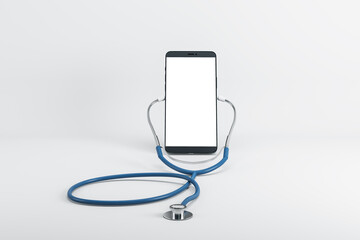 Close up of abstract empty cellphone screen with stethoscope on light background with mock up...