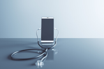 Close up of empty smartphone screen with stethoscope on light background with mock up place. Online medicine, ask a doctor concept. 3D Rendering.