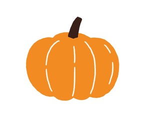 Pumpkin, autumn vegetable for Halloween. Icon of fall squash drawn in doodle style. Whole orange round-shaped veggie for Thanksgiving. Flat vector illustration of pumkin isolated on white background