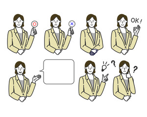 スーツ姿のビジネスウーマンのマルバツやオッケーなどの表情バリエーションの白背景に線画のシンプルなイラスト