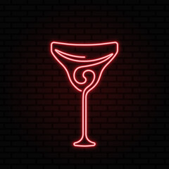Alcohol cocktail. Red neon sign on dark brick wall. Continuous one line vector icon. Best for web, logo, menu concept, branding design and bar decoration.
