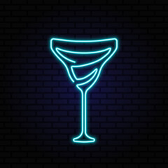 Alcohol cocktail in martini glass. Blue neon sign on dark brick wall. Continuous one line vector icon. Best for web, logo, menu concept, branding design and bar decoration.