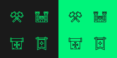 Set line Medieval flag, Crusade, Crossed battle hammers and Castle icon. Vector