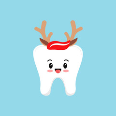 Christmas tooth in reindeer headband with horns and ears icon in flat cartoon style isolated on background. Cute Happy New Year character for dentistry greeting vector illustration. 