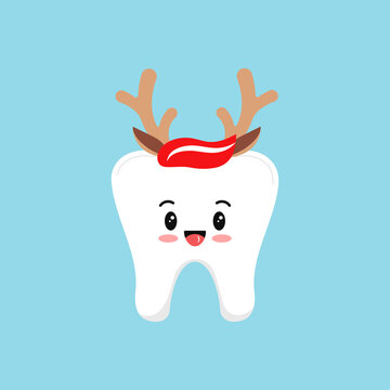 Christmas Tooth In Reindeer Headband With Horns And Ears Icon In Flat Cartoon Style Isolated On Background. Cute Happy New Year Character For Dentistry Greeting Vector Illustration. 