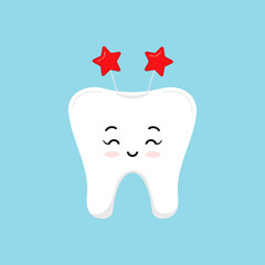 Christmas tooth with headband with stars dental icon isolated on background. Dentist cute white tooth girl character. Flat design cartoon vector dentistry clip art illustration.