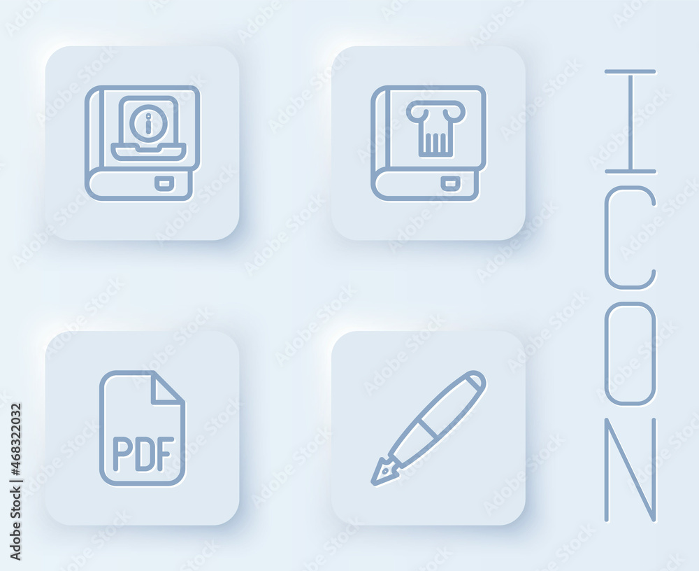 Poster set line user manual, history book, pdf file document and fountain pen nib. white square button. vec