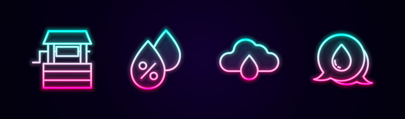 Set line Well, Water drop percentage, Cloud with rain and speech bubbles. Glowing neon icon. Vector
